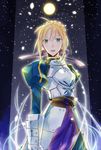 ahoge armor armored_dress artoria_pendragon_(all) blonde_hair fate/stay_night fate_(series) faulds gauntlets green_eyes hair_ribbon highres juliet_sleeves light_particles long_sleeves night oekaki-daisuki-dessu puffy_sleeves ribbon saber solo 