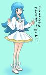  :d aqua_background bare_legs blue_eyes blue_hair bobabo bow eyebrows full_body happinesscharge_precure! highres index_finger_raised long_hair open_mouth precure shirayuki_hime shoes sidelocks skirt smile solo standing translated 