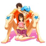  black_hair blue_hair book cyborg franky hat monkey_d_luffy nico_robin one_piece reading reindeer sitting sunglasses sunglasses_on_head tattoo tony_tony_chopper toratorashippo 