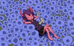  :o arms_behind_head barefoot checkered closed_eyes demon_girl fc_demon horns messier_number mushroom oni purple_hair reclining red_oni skirt solo tank_top yume_nikki 