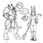  armor badger clothed clothing dialog female lagomorph magic_user male mammal mustelid packmind plain_background rabbit silly text warrior weapon white_background 