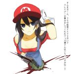  black_hair blood blue_eyes downscaled earrings from_above genderswap genderswap_(mtf) gloves hat jewelry long_hair mario mario_(series) md5_mismatch multiple_earrings pants poaro resized solo stomping super_mario_bros. suspenders thumb_in_pocket translation_request turtle white_background 