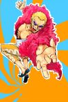  1boy abstract_background black_shoes blonde_hair capri_pants donquixote_doflamingo feathered feathers fighting_stance highres male male_focus one_piece open_clothes open_shirt pants shichibukai shirt shoes solo sunglasses white-framed_glasses 