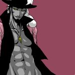  1boy dracule_mihawk hat jacket lowres male male_focus nude_jacket one_piece open_clothes open_shirt popped_collar shichibukai shirt simple_background solo spot_color 