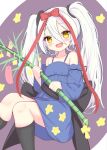  1girl bamboo black_socks blue_dress blush bow collarbone dress hair_bow hair_ornament highres hoshizora_no_memoria long_hair looking_at_viewer mare_s._ephemeral melenas_(twdy2773) open_mouth socks solo twintails white_hair yellow_eyes 