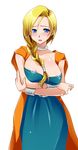  1girl areola_slip areolae bianca blonde_hair blue_eyes blush braid breasts cape crossed_arms dragon_quest dragon_quest_v dress earrings embarrassed highres jewelry large_breasts long_hair looking_at_viewer nude simple_background solo standing white_background 