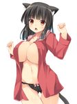  animal_ears asa_no_ha black_hair black_panties blush breasts cat_ears cat_tail chestnut_mouth fang hands_up large_breasts navel open_clothes open_mouth original panties red_eyes short_hair simple_background sketch solo tail underwear white_background 