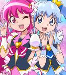  aino_megumi blue_eyes blue_hair bow crown cure_lovely cure_princess happinesscharge_precure! long_hair looking_at_viewer magical_girl manji_(tenketsu) multiple_girls one_eye_closed open_mouth pink_bow pink_eyes pink_hair ponytail precure shirayuki_hime twintails 