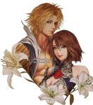  1boy 1girl alternate_costume bare_shoulders blonde_hair blue_eyes breasts brown_hair character_name cleavage cleavage_cutout closed_mouth clothing_cutout commentary cropped_torso dated final_fantasy final_fantasy_x flower green_eyes hair_between_eyes heterochromia lips looking_at_viewer medium_breasts muscular muscular_male parted_lips pectorals short_hair tidus upper_body vhyrel white_background white_flower yuna_(ff10) 