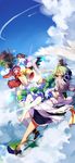  architecture black_hair bow bowl cloud day dress east_asian_architecture flying green_eyes green_hair hat highres horikawa_raiko horns hug_(yourhug) japanese_clothes kijin_seija kimono long_hair mononobe_no_futo multicolored_hair multiple_girls purple_eyes purple_hair red_hair short_hair silver_hair sky soga_no_tojiko sukuna_shinmyoumaru tate_eboshi touhou tsukumo_benben two-tone_hair 