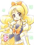  akihara_ryou blonde_hair blush cure_honey earrings eyelashes hair_ornament hair_ribbon happinesscharge_precure! happy jewelry looking_at_viewer magical_girl oomori_yuuko precure ribbon shirt simple_background skirt smile solo white_background wide_ponytail wrist_cuffs yellow_eyes yellow_skirt 