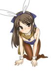  all_fours animal_ears brown_eyes brown_hair bunny_ears bunnysuit detached_collar downblouse flat_chest gokubuto_mayuge idolmaster idolmaster_cinderella_girls long_hair necktie pantyhose scarf tachibana_arisu wrist_cuffs 