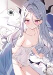  1girl alarm_clock bed black_horns blue_archive blush breasts camisole cleavage clock closed_mouth demon_girl demon_horns demon_wings highres hina_(blue_archive) horns long_hair looking_at_viewer low_wings multiple_horns panties parted_bangs pov purple_eyes sitting small_breasts solo spaghetti_strap speech_bubble spoken_squiggle squiggle strap_slip underwear very_long_hair white_camisole white_hair white_panties wings yon_(letter) 
