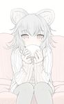  animal_ears brown_eyes couch cup drinking grey_hair highres ishikkoro long_sleeves looking_at_viewer mouse_ears naked_sweater nazrin ribbed_sweater solo sweater teacup touhou 