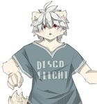  black_nose clothing english_text fur hair kemono parma15 pixiv plain_background red_eyes shirt solo text white_background white_fur white_hair 