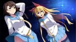  2girls blonde_hair blue_eyes bow brown_hair kirisaki_chitoge long_hair nisekoi onodera_kosaki seifuku skirt sky space stars thighhighs tie yellow_eyes yoshida_takuma zettai_ryouiki 