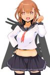  brown_eyes brown_hair fang hair_ornament hairclip highres ikazuchi_(kantai_collection) ishikkoro kantai_collection long_sleeves midriff navel open_mouth school_uniform serafuku short_hair skirt smile solo thighhighs 