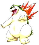  fire fire_type looking_at_viewer navel nintendo open_mouth overweight patiroku plain_background pok&#233;mon pok&eacute;mon red_eyes solo standing teeth typhlosion video_games white_background 