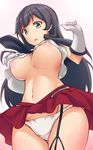  agano_(kantai_collection) black_hair breasts from_below gloves green_eyes highres kantai_collection large_breasts long_hair midriff miniskirt mizuse_kouichi navel nipples open_mouth panties pantyshot skirt solo thigh_gap underboob underwear 