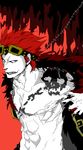  1boy chains color_background eustass_captain_kid goggles goggles_on_head male male_focus monochrome one_piece open_clothes open_shirt pirate red red_hair sanakuron shirt skull solo spot_color 