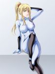  blonde_hair blue_eyes bodysuit breasts hand_behind_head highres impossible_clothes large_breasts long_hair metroid ponytail samus_aran skin_tight solo tamamon zero_suit 