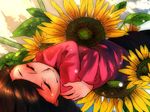  braid brown_hair closed_eyes flower lying madotsuki pink_shirt sakurami_(mi0ra8nge17) self_hug shirt solo sunflower turtleneck yume_nikki 