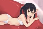  :d black_hair blush bra brown_hair couch k-on! looking_at_viewer nakano_azusa open_mouth panties smile solo twintails underwear underwear_only wa_(genryusui) white_bra white_panties 