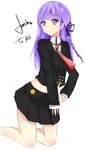  1girl absurdres artist_name female freesha highres looking_at_viewer open_\m/ original purple_eyes purple_hair school_uniform simple_background solo uniform white_background 