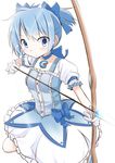  aiming arrow blue_eyes blue_hair bow bow_(weapon) cosplay drawing_bow dress gloves hair_bow holding holding_arrow holding_bow_(weapon) holding_weapon kaname_madoka kaname_madoka_(cosplay) magical_girl mahou_shoujo_madoka_magica miki_sayaka outstretched_arm short_twintails simple_background solo soul_gem twintails u_u_(mooooooou) weapon white_background 
