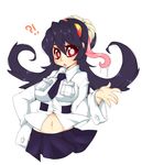  !? 1girl ?! absurdres bangs black_hair blush female filia_(skullgirls) futakuchi-onna hand_on_hip highres impossible_clothes impossible_shirt navel necktie parasite prehensile_hair red_eyes saliva samson_(skullgirls) school_uniform shirt simple_background skirt skullgirls solo tongue white_background white_pupils wrist_cuffs yellow_sclera 