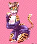  anthro big_breasts big_lips blush breasts brown_hair cat_eyes cleavage clothed clothing erect_nipples eyewear feline female glasses green_eyes hair hanging_breasts kneeling mammal nipple_bumps nipples plankboy slit_pupils solo stripes sweater tiger voluptuous wide_hips 