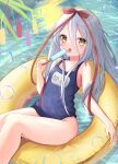  1girl blue_one-piece_swimsuit blush bow collarbone hair_between_eyes hair_bow hair_ornament highres hoshizora_no_memoria ice innertube long_hair mare_s._ephemeral melenas_(twdy2773) one-piece_swimsuit soap_bubbles solo swim_ring swimsuit tongue tongue_out water white_hair yellow_eyes 