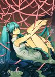  aqua_eyes aqua_hair bad_id bad_pixiv_id barefoot blush feet green_eyes hatsune_miku long_hair ribbon skirt smile socks solo thighhighs tibino twintails undressing very_long_hair vocaloid 