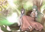  against_tree ascot bad_id bad_pixiv_id blue_eyes character_request forest green_hair japanese_clothes kazami_yuuka kazami_yuuka_(pc-98) kimono light_smile long_hair multiple_girls nature parted_lips petals sandals seiha_(tinnke) sitting skirt skirt_set touhou touhou_(pc-98) tree vest 