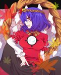  autumn_leaves bad_id bad_pixiv_id breasts brooch dress gem jewelry large_breasts looking_at_viewer looking_to_the_side purple_hair red_dress red_eyes rope shino_(mijinko) short_hair solo touhou yasaka_kanako 