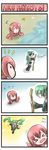  &gt;_&lt; 4koma ? @_@ catstudioinc_(punepuni) closed_eyes comic fork green_hair hatsune_miku highres long_hair megurine_luka red_hair silent_comic takoluka twintails vocaloid 