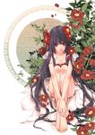  barefoot black_hair blush dress feet flower hands hands_on_feet kai_(linking) long_hair original red_eyes sitting solo very_long_hair 