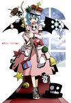  =_= bell blue_hair boned_meat candy candy_cane christmas crown fang food hand_on_hip holding holding_wand jingle_bell kannazuki_hato meat merry_christmas remilia_scarlet scepter simple_background skull solo touhou wand wings 