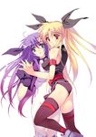  blonde_hair blush breast_press breasts fate_testarossa ginga_nakajima green_eyes hair_ribbon long_hair lyrical_nanoha mahou_shoujo_lyrical_nanoha_strikers medium_breasts multiple_girls purple_hair red_eyes ribbon symmetrical_docking tamiya_akito thighhighs twintails 