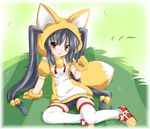  animal_ears bell blue_hair blush costume fox_ears fox_tail kazami_karasu kooh pangya red_eyes shoes sneakers solo tail thighhighs twintails zettai_ryouiki 