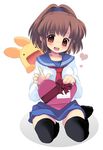  arle_nadja bad_id bad_pixiv_id blue_skirt blush box brown_eyes brown_hair carbuncle_(puyopuyo) gift heart heart-shaped_box holding holding_gift madou_monogatari milk_(artist) panties pantyshot puyopuyo school_uniform skirt thighhighs underwear valentine white_background white_panties 