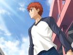  bangs emiya_shirou fate/stay_night fate/unlimited_codes fate_(series) higurashi_ryuuji male_focus raglan_sleeves resizing_artifacts solo 