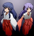  artist_request blue_hair furude_rika hakama hanyuu higurashi_no_naku_koro_ni horns japanese_clothes miko multiple_girls purple_hair red_hakama 
