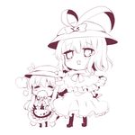  bad_id bad_pixiv_id capelet chibi eating food frills fruit hat hat_ribbon hinanawi_tenshi kirero long_hair monochrome multiple_girls nagae_iku peach purple ribbon short_hair touhou 