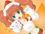  bear brown_hair green_eyes hand_puppet hat idolmaster idolmaster_(classic) idolmaster_live_for_you! midriff navel open_mouth puppet santa_hat skirt smile solo star takatsuki_yayoi twintails yuuki_korona 