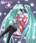  blush christmas green_eyes green_hair hatsune_miku headset long_hair mittens necktie neko_(sayorana_no_kuni) sack santa_costume snowflakes solo thighhighs twintails very_long_hair vocaloid 