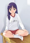  blue_eyes buruma flcl gym_uniform indian_style long_hair ninamori_eri purple_hair ranmaru sitting smile solo table translated 