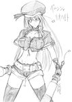 copyright_request gloves greyscale hagane_soushi hat long_hair midriff monochrome shorts sketch solo thighhighs 