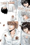  bags_under_eyes cake climbing collage death_note food l_(death_note) male_focus multiple_boys near oekaki pastry petals poking tree upside-down yagami_light 