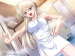  bathroom blonde_hair breasts cleavage dutch_angle game_cg hand_on_hip happy_princess impossible_towel large_breasts long_hair naked_towel nikita_martemiyanov non-web_source purple_eyes solo towel two_side_up yokota_mamoru 